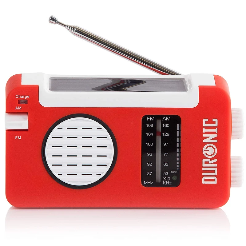Duronic Hybrid Radio AM/FM - Aufladbar mit Solar, Kurbel und USB - 300mAh Akku - Bis zu 7h Musik mit voller Ladung - Mit Kopfhöreranschluss - Notfallradio - Kompaktradio für Camping und Outdoor