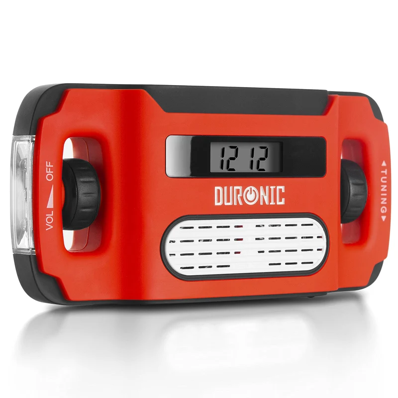 Duronic Apex Radio AM/FM | Mit Radiowecker und Taschenlampe | Aufladbar mit Solar, Kurbel und USB | 300mAh Akku | Bis zu 7h Musik mit voller Ladung | Ladefunktion für Handy | Notfallradio