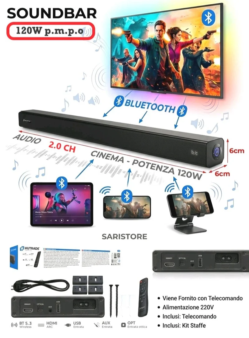 Soundbar Bluetooth 5.3 HUTRADE 40W RMS 120W PMPO - HDMI ARC USB AUX Ottica 80cm