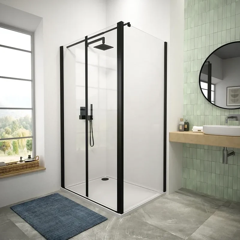 Box doccia 110x70 cm porta saloon e parete fissa profili nero opaco e vetro da 8mm trasparente h195 | Fiji