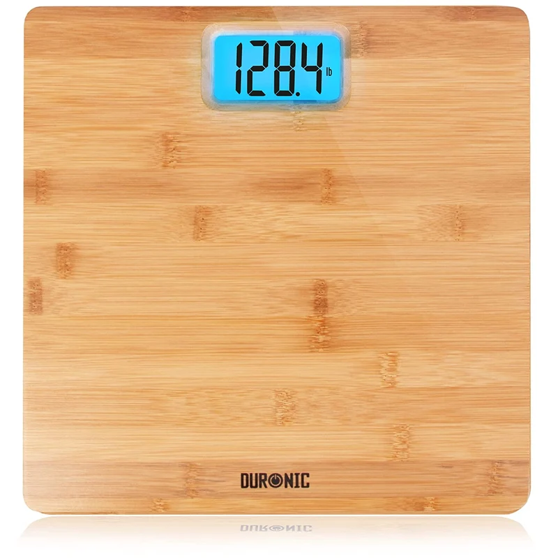 Duronic BS504 Personenwaage aus Bambus Holz | Digitale Waage bis 180 kg | AAA Batterien | Hochpräzisions-Sensoren Step-On Technik | Hintergrundbeleuchtete Gewichtswaage 30 x 30 cm | Badezimmerwaage