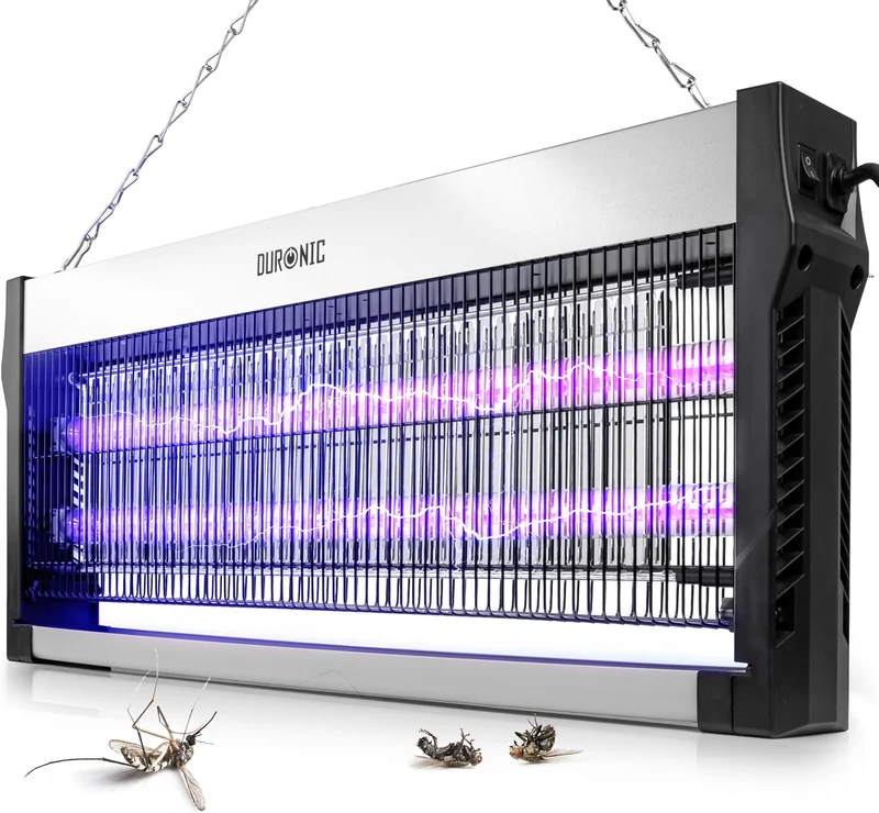 Duronic FK2X10 Elektrischer Fliegenfänger, großer UV-Insektenvernichter | Zwei UV-Spektren, herausnehmbare Auffangschale und Aufhängekette, 16W energiesparende Insektenfalle für Küche und Zuhause