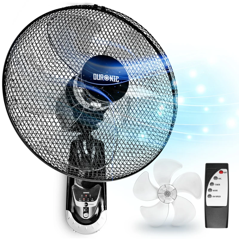 Duronic FN55 BK Wandventilator 60W | Durchmesser 40 cm | Ventilator mit Timer und Fernbedienung | 3 Geschwindigkeiten | Kompakter und leiser Raumventilator für die Wand | Oszillierender Wandlüfter