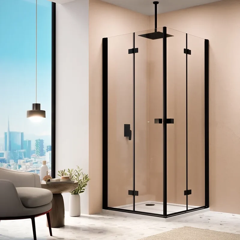Box doccia angolare 90x100cm doppia anta a libro profili nero opaco e vetro da 8mm trasparente h195 | Fiji