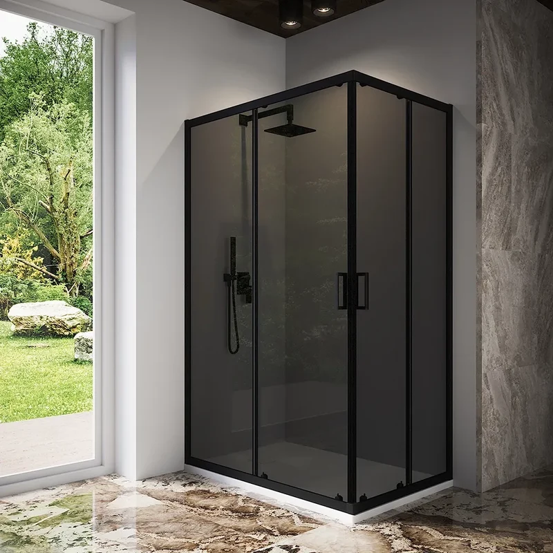 Box doccia 70x90 cm angolare scorrevole profili nero opaco vetro 6mm fumè h185 | Tonga