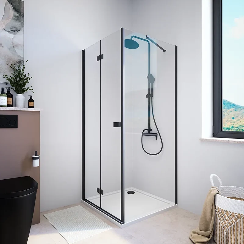 Box doccia 100x90 cm con apertura a libro lato sinistro e parete fissa, profili nero opaco e vetro 8mm trasparente h195 | Fiji