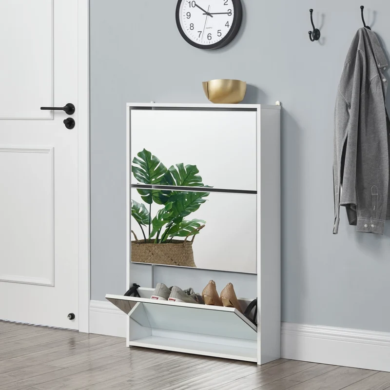 Scarpiera Vogar con 3 Contenitori Ribaltabili Mobile Portascarpe con Ante a Specchio 103x63x17 cm Bianco [en.casa]