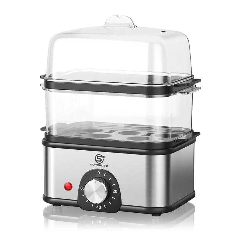2-Layer Stainless Steel Egg Cooker for 16 Eggs with Adjustable Timer and Multifunctional Steamer